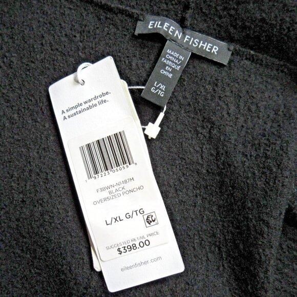 NWT Eileen Fisher Oversized Poncho in Black Lightweight Boiled Wool Serape L/XL - Picture 5 of 7